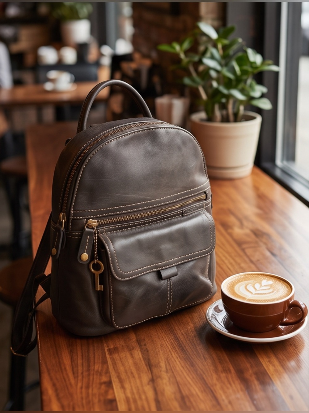 Fossil Black Leather Mini Backpack with Front Pocket with Signature key charm